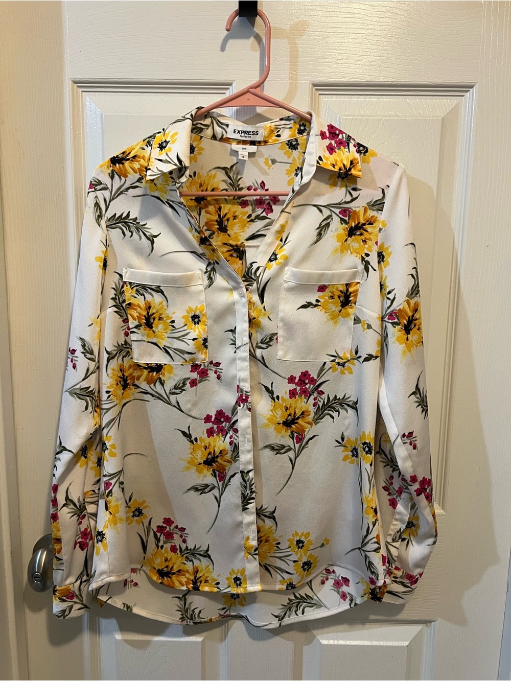 Express White Button-Down Blouse with Yellow & Pink Floral Print